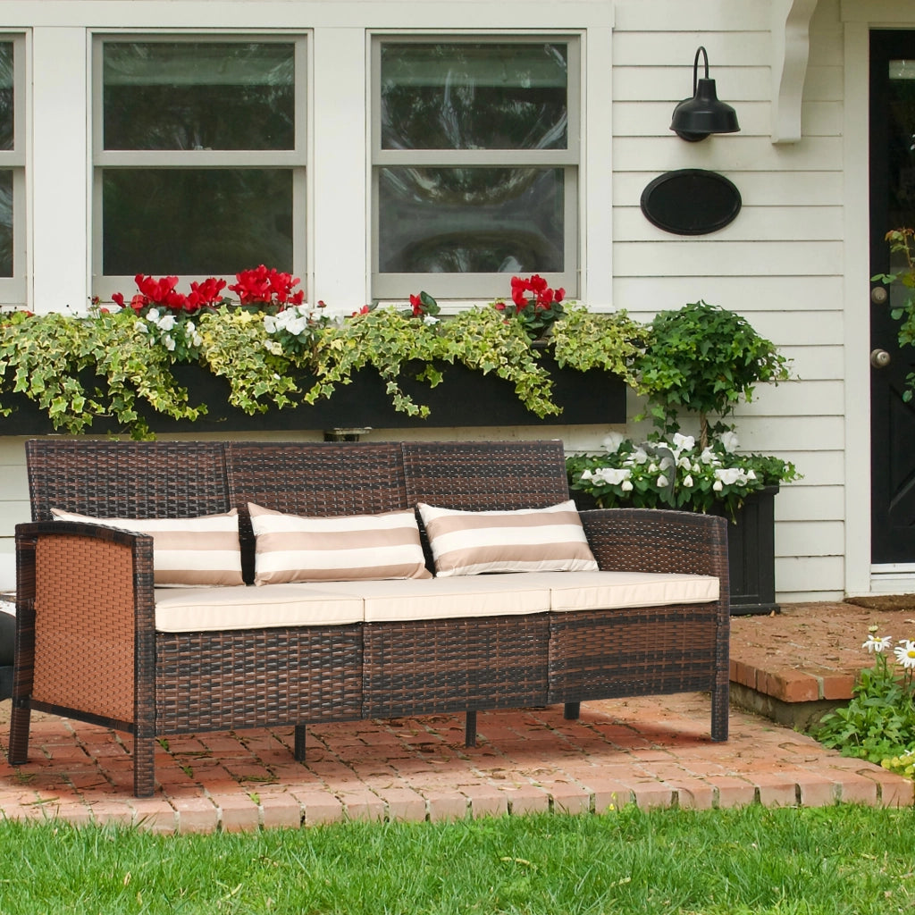 Divano 3 posti in rattan con cuscini ¨C zephmum ¨C marrone, metallo, 173x68x78 cm