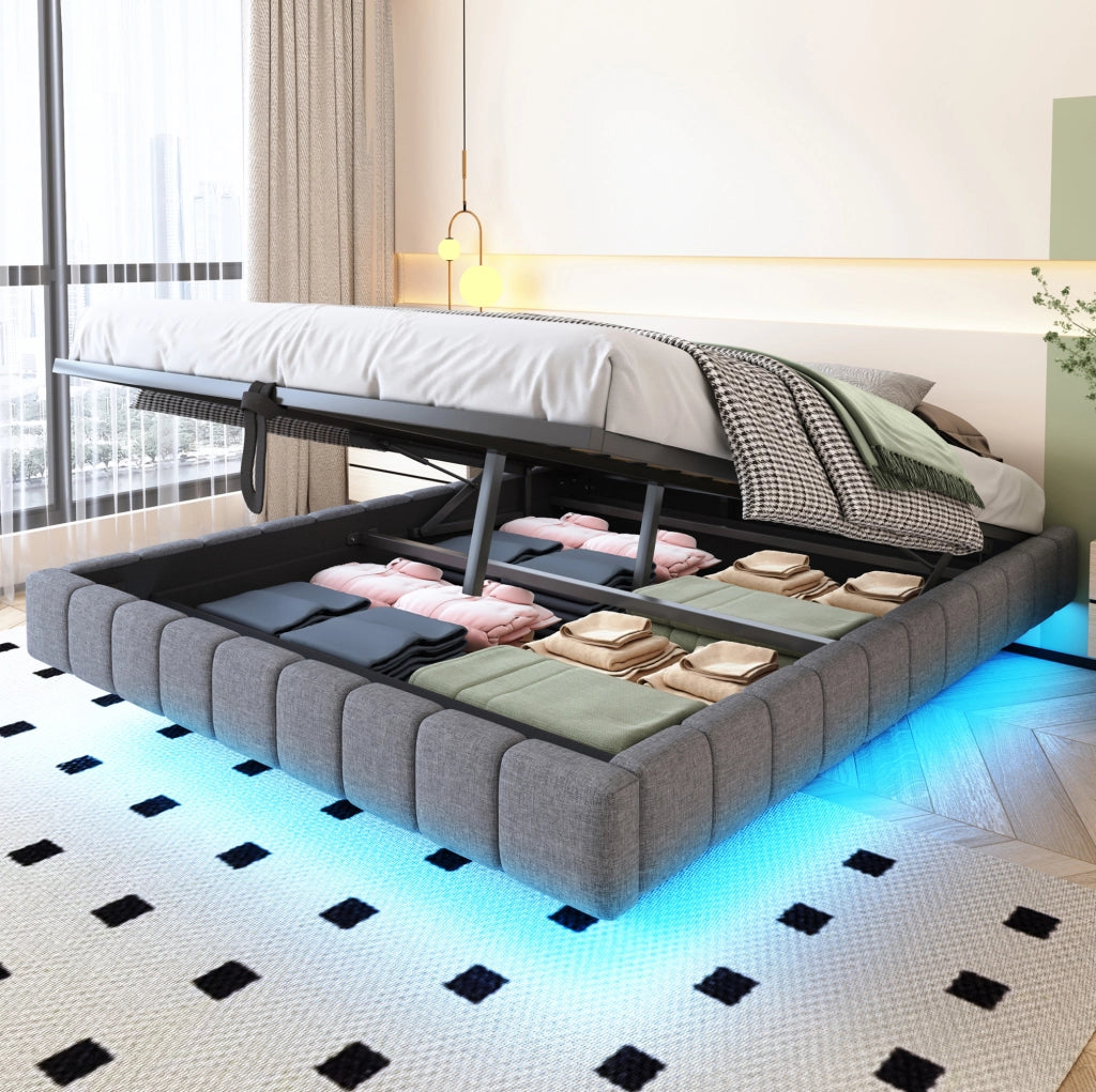 LETTO imbottito 160x200 cm grigio con LED, contenitore e senza testiera