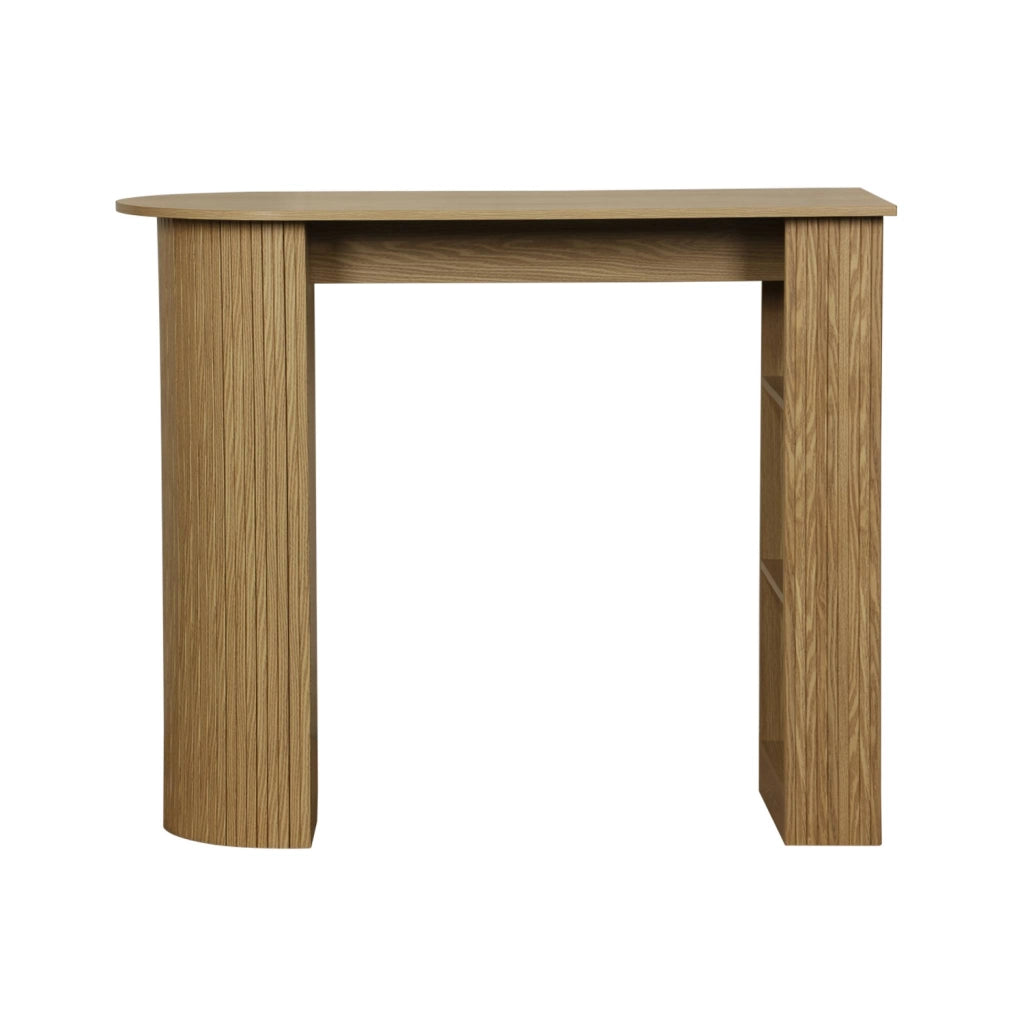 Tavolo alto da cucina decorato in legno con ripostigli, marrone