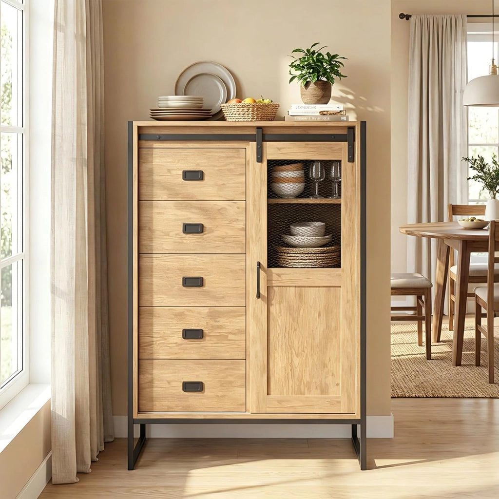 Credenza Cucina Salvaspazio, Mobiletto in Legno con Anta Scorrevole, 5 Cassetti e Ripiani Regolabili a 3 Livelli, Armadietto Portaoggetti per Sala da Pranzo, 84 X 40 X 120 CM (Naturale)