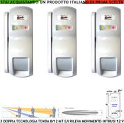 Doppia Tecnologia Tenda Dual Pir e Micronda 3 Pezzi Portata 8/12 MT Sensore Movimento Ladri Ignoti Rampa Scala Esterna Rileva Invia Allarme Aliment. 12 V Assorb. 10 mA Cover Staffa ABS Bianca IP31