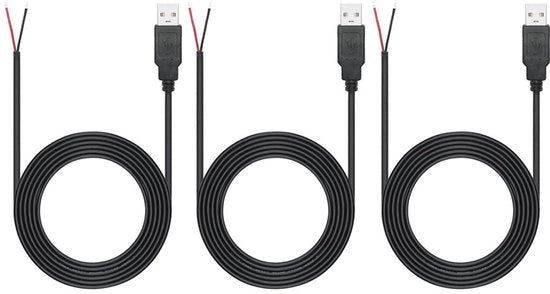 3 pezzi di cavo USB 2.0 2 metri a 2 metri con 2 capi liberi a 22 AWG 2 pin con estremità aperta maschio 12V 3A cavo di alimentazione con 2 metri di cavo a 2 metri