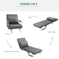 Poltrona Letto Singolo 3 in 1 con Schienale Reclinabile su 5 Livelli e Cuscino, Divano Letto Singolo Pieghevole per Soggiorno e Salotto in Pelle Scamosciata e Metallo, 65x69x80 cm, Grigio