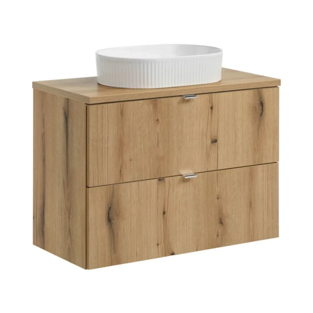 Set VANO effetto rovere 80cm: mobili sottolavabo con cassetti + piano per lavabo + lavabo da appoggio bianco scanalato