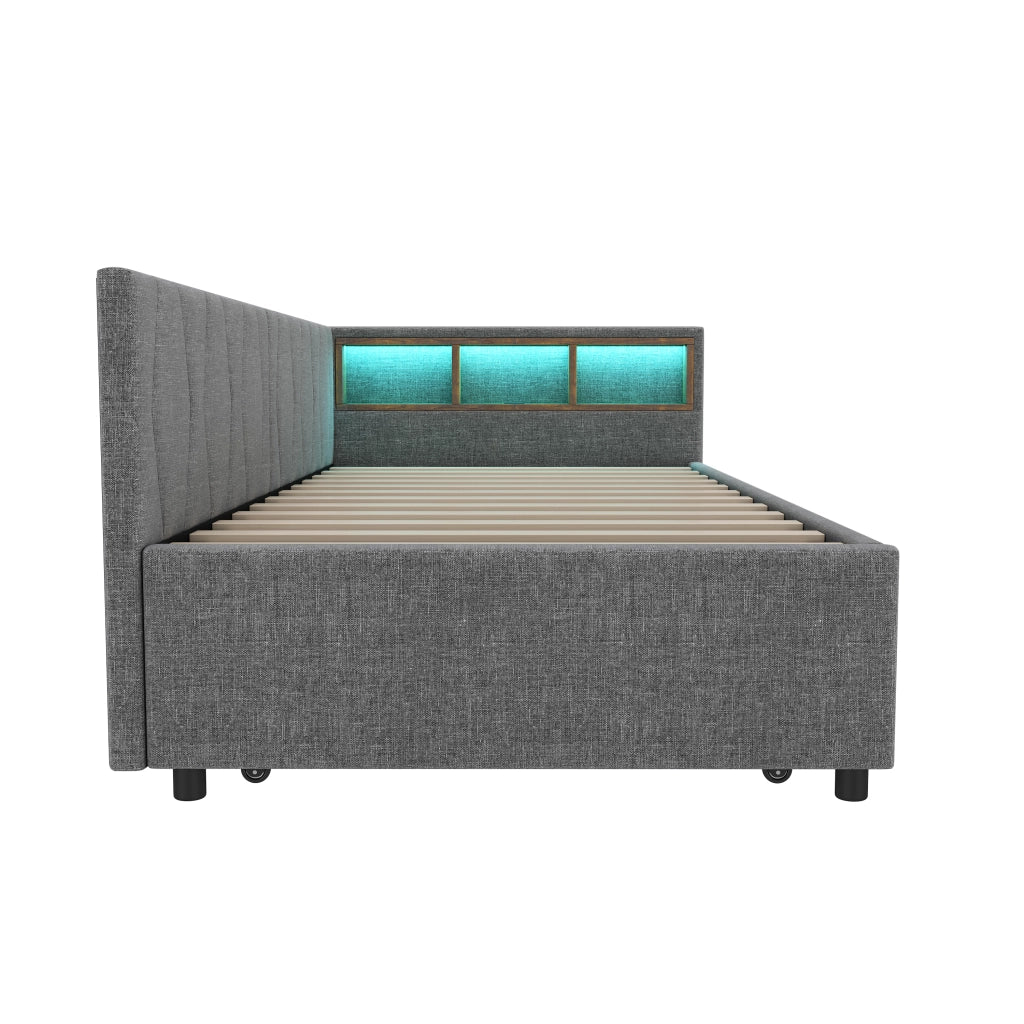 Letto singolo 90x200 cm con letto estraibile; rete a doghe; USB-C e luce LED; grigio