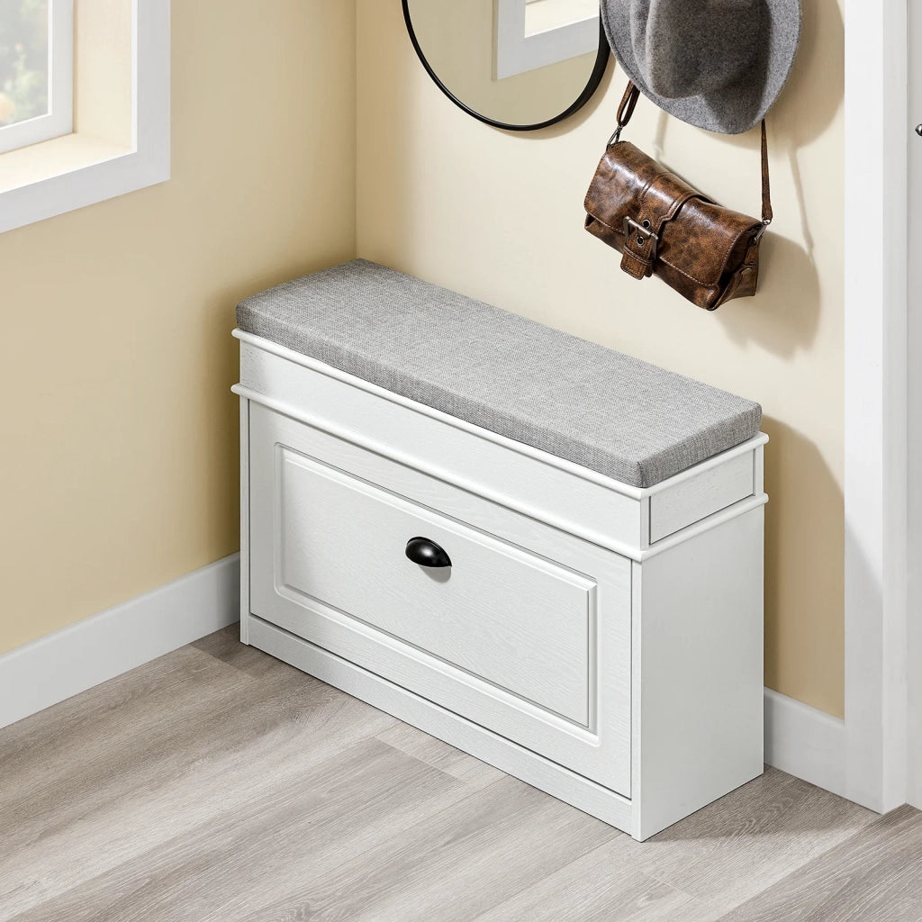 SoBuy FSR82-L-WG Scarpiera Salvaspazio Slim con Seduta Panca Scarpiera da Ingresso Contenitore in Legno Mobile Scarpiera Ingresso per Scarpe, 75x24x51cm Effetto Legno Invecchiato Bianco
