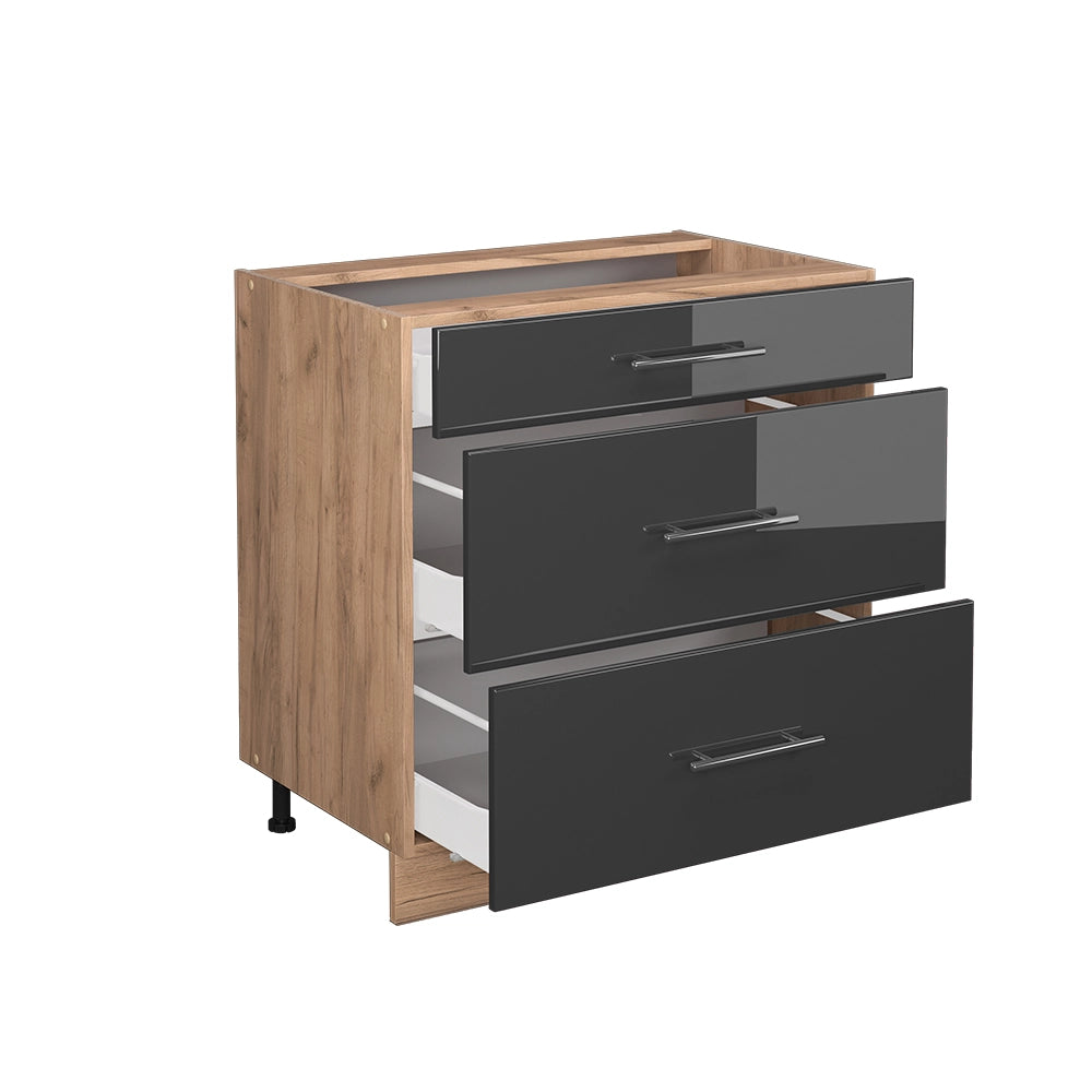 Mobiletto base per cucina Fame-Line Antracite lucido/Rovere dorato 80 cm con 3 cassetti, senza piano di lavoro Vicco