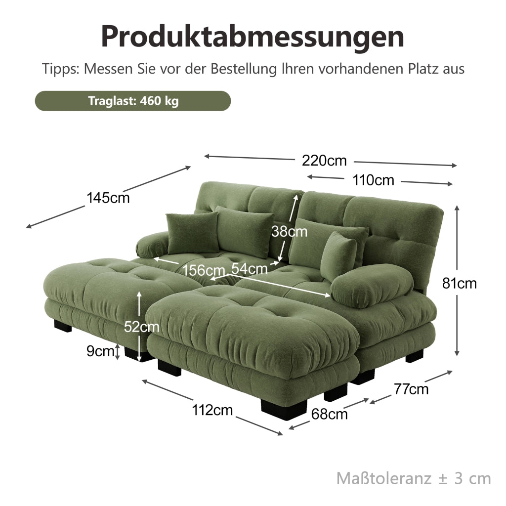 Divano modulare 2 posti in ciniglia verde con 2 ottomane mobili cuscini lombari e decorativi 220 × 145 × 81 cm