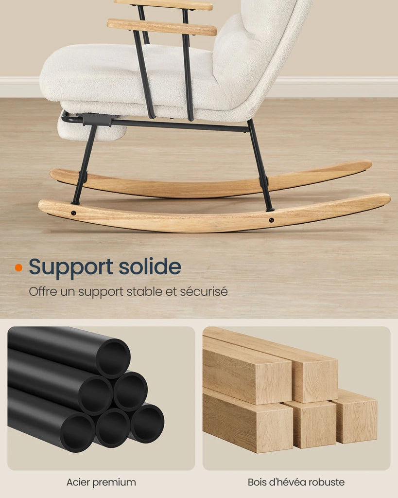 Sedia a dondolo con gambe in legno di caucciù sedia a dondolo in tessuto felpato schienale regolabile in 4 posizioni supporta fino a 160 kg per camera da letto e soggiorno bianco crema 12_0006072