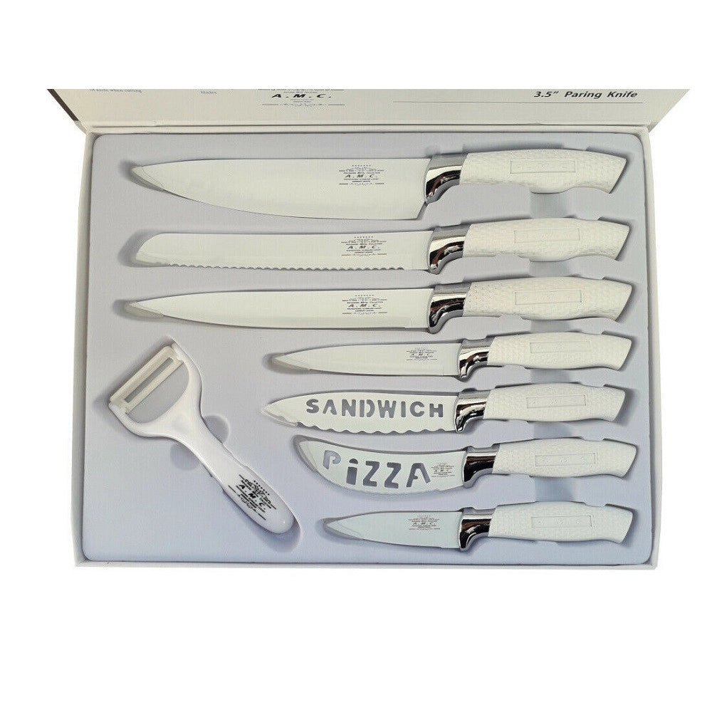 Trade Shop - Set 7 Coltelli Da Cucina In Acciaio Manico Antiscivolo Piu Pelapatate White -