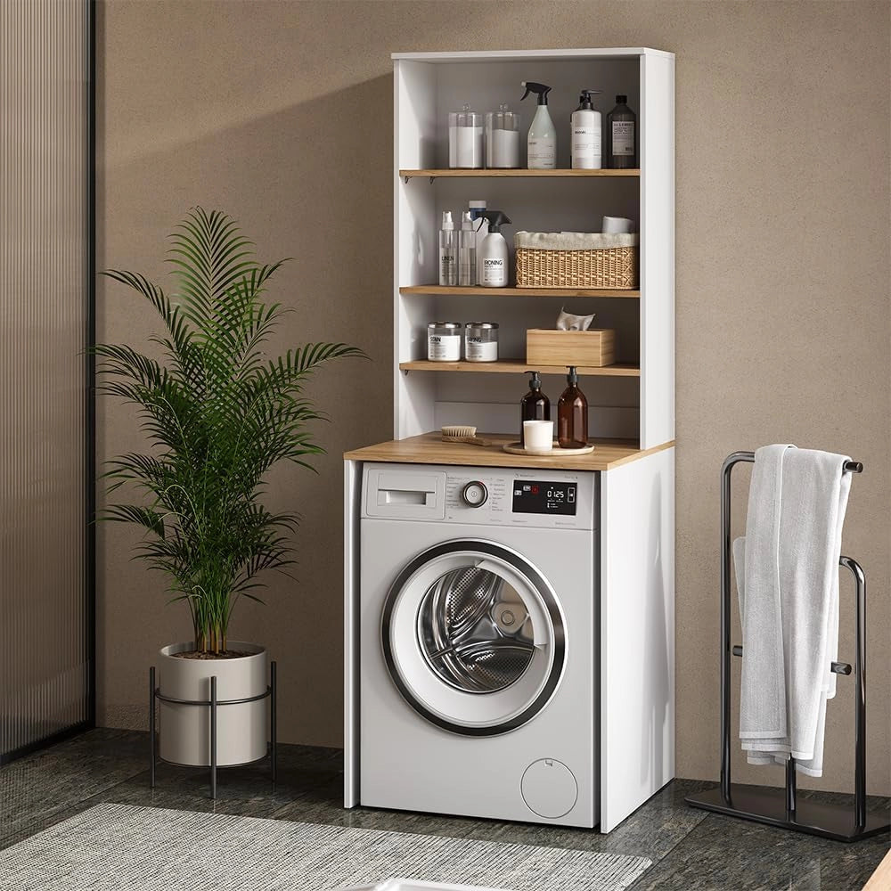 Mobile lavatrice Viktor, Bianco/Artisan, 66 x 88.2 cm 2 parti con ripiano, adatto per l'installazione su lavatrici standard