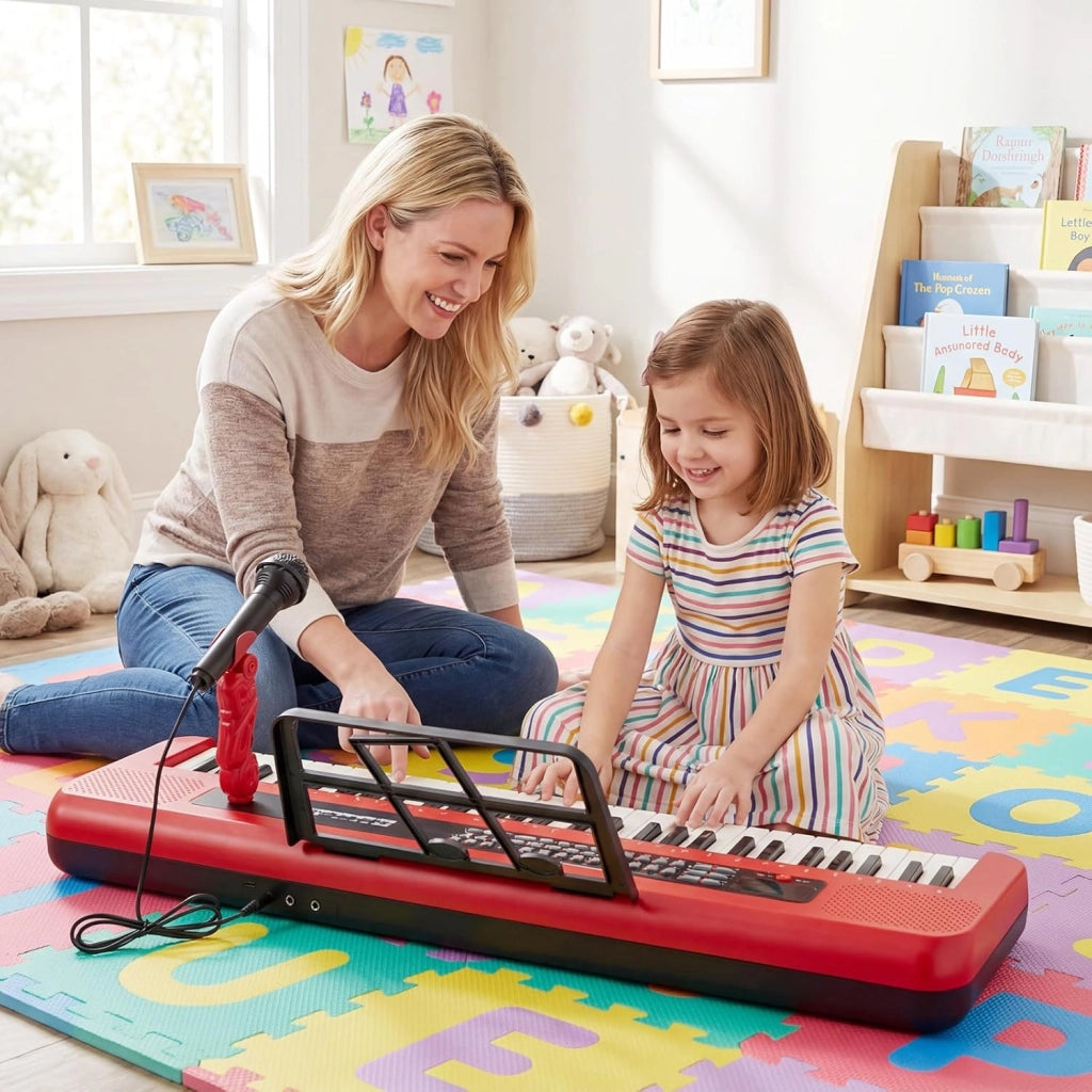 Tastiera elettronica per bambini di 3 anni+, microfono e leggio, pianoforte digitale 61 tasti con supporto regolabile, pianoforte elettronico, 200 toni e ritmi, 20 demo (rosso)