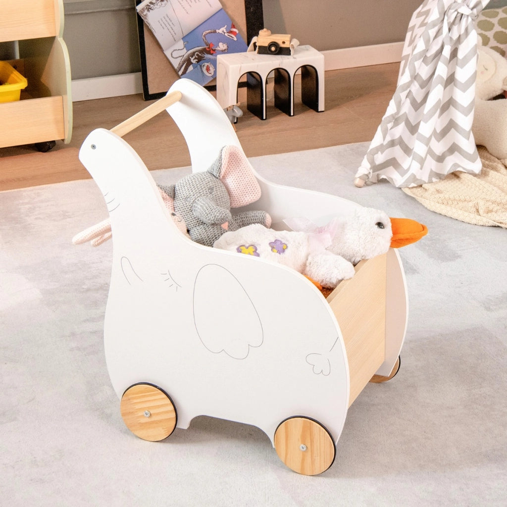 Carrello portagiochi in legno con ruote in gomma, Primi Passi regalo ideale per bambini bambine 1-3 anni Bianco-Primi passi