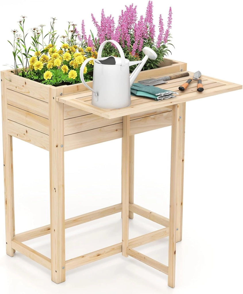 Letto da Giardino Rialzato, Orto Rialzato in Legno con Gampe, Tavolino Laterale Pieghevole e Drenaggio, Fioriera da Esterno per Fiori, Verdure e Frutta, 63 x 67 x 74 cm
