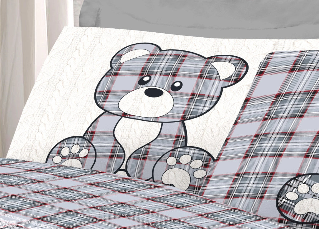 Completo Lenzuola Linea Pensieri Delicati 100% Cotone Disegno Orsetto Tartan - Singolo - Grigio