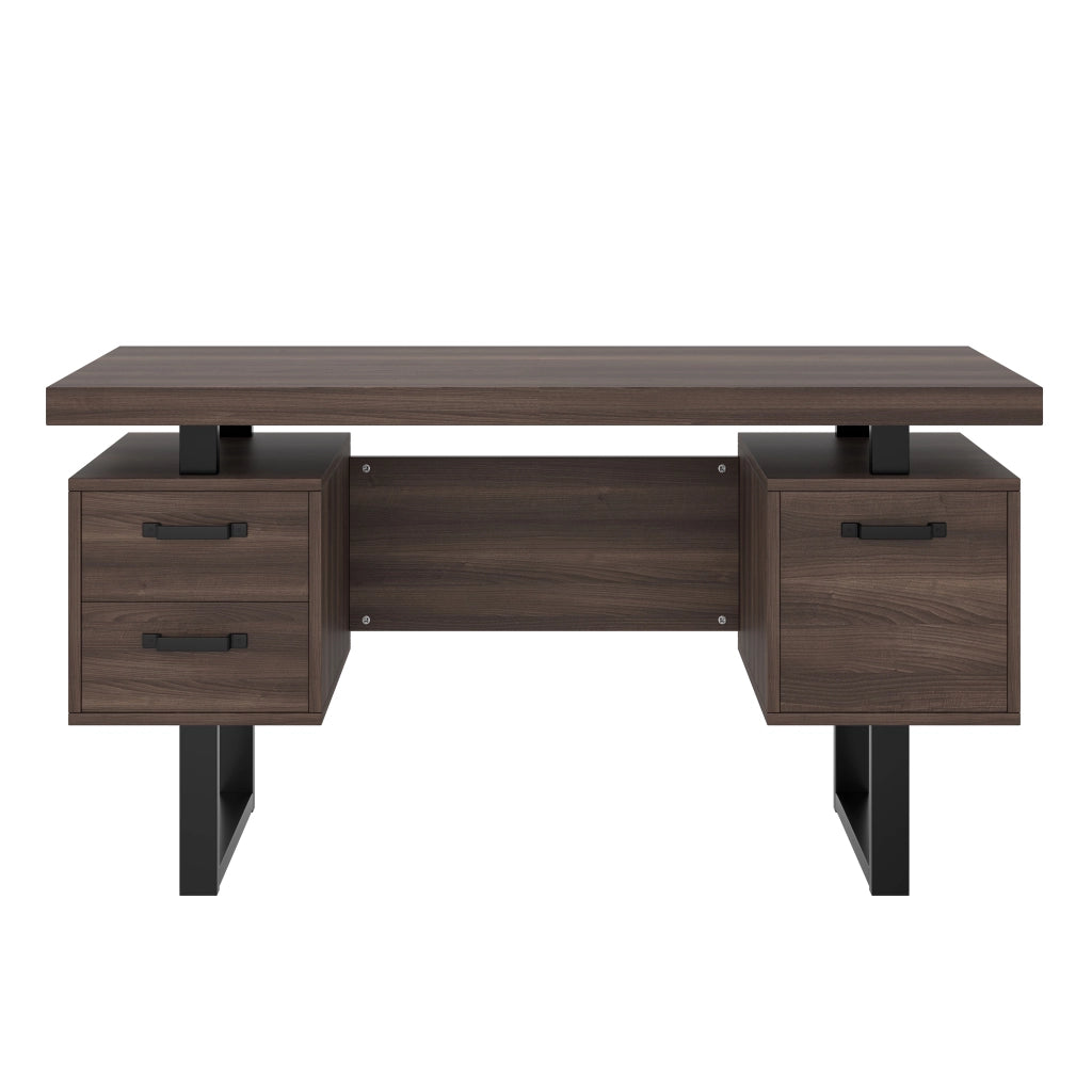 Scrivania da ufficio 135 x 54 cm in MDF e metallo, con 2 cassetti silenziosi e vano porta-documenti, colore marrone scuro/nero