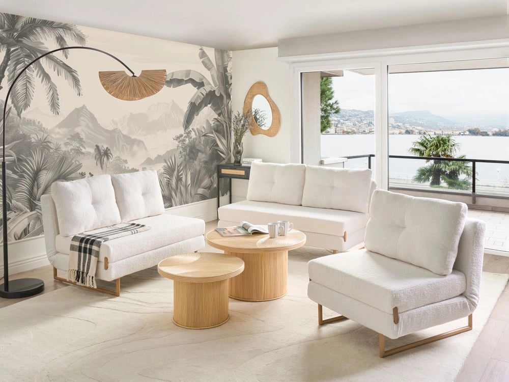 Set da salotto Off White Boucle 3 posti a sedere 2 posti a sedere 1 posto a sedere per 6 persone Funzione letto pieghevole