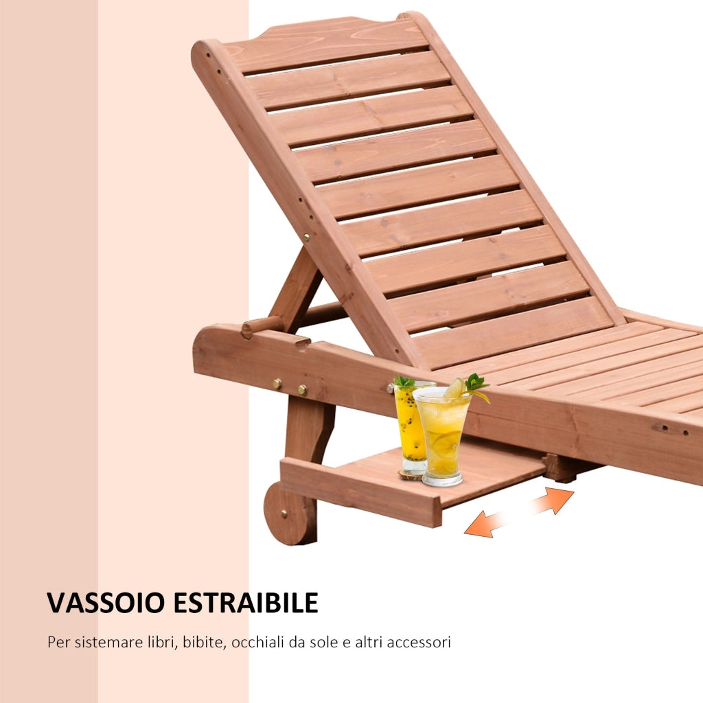 Lettino Prendisole da Giardino 182x60x35 cm con Ruote e Vassoio Estraibile in Legno