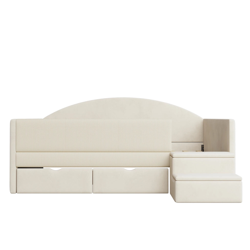 Letto imbottito 90x190 cm con 2 cassetti, sponde e gradini antiscivolo