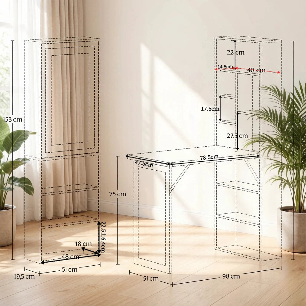 Scrivania pieghevole a parete con libreria e lavagna per home office, in MDF e legno, nero, 98 × 51 × 153 cm