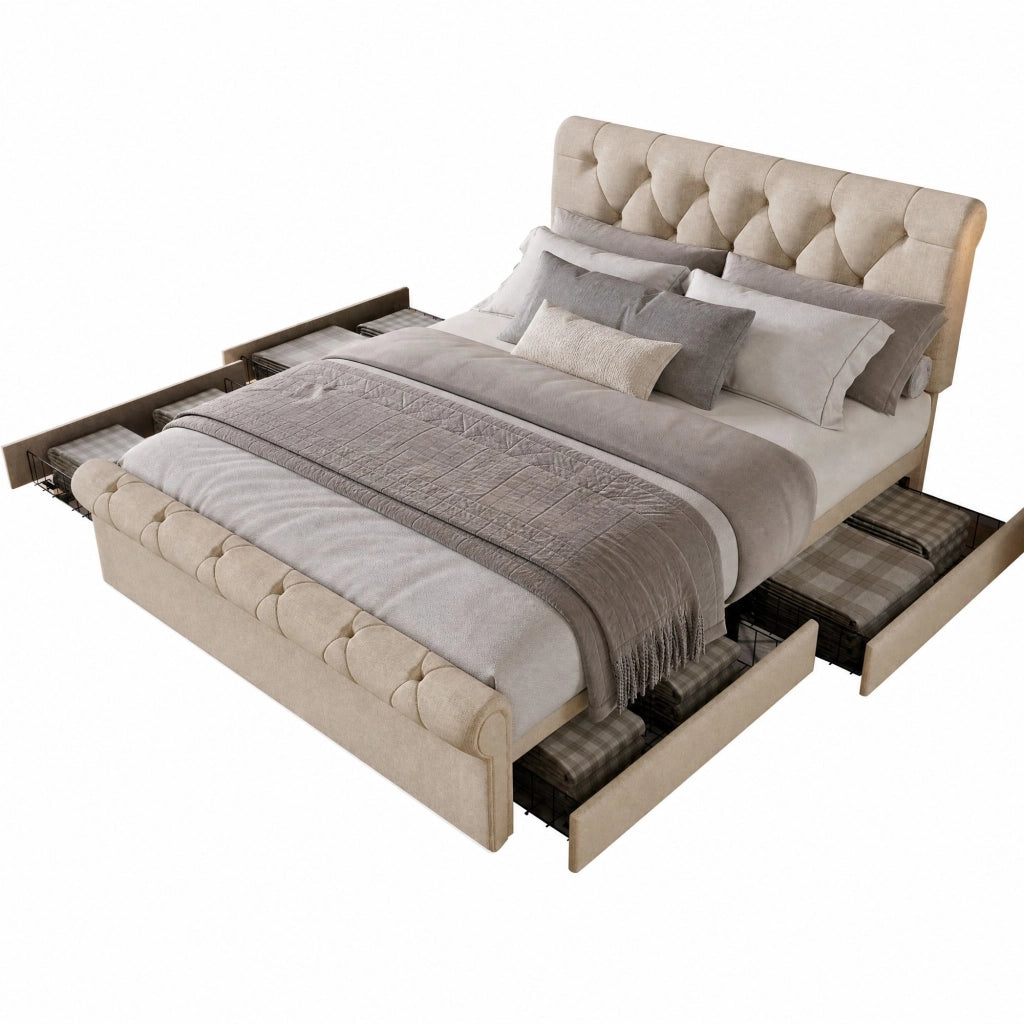Letto matrimoniale imbottito 140x200 cm con 4 cassetti; testiera regolabile; lino naturale