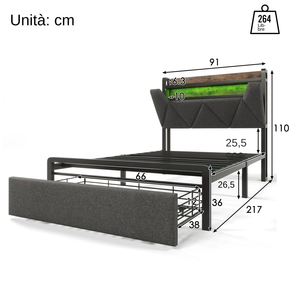 Letto singolo imbottito 90x200 cm con LED; USB e USB-C; testiera contenitore; cassetto e rete; grigio