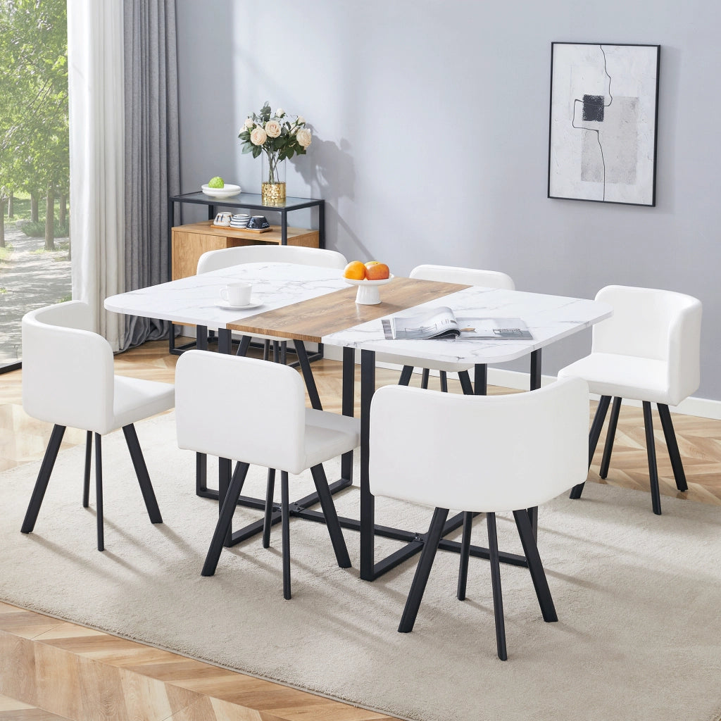 Tavolo da pranzo allungabile con 4 sedie salvaspazio, struttura in MDF e metallo, per cucina e soggiorno, bianco e nero