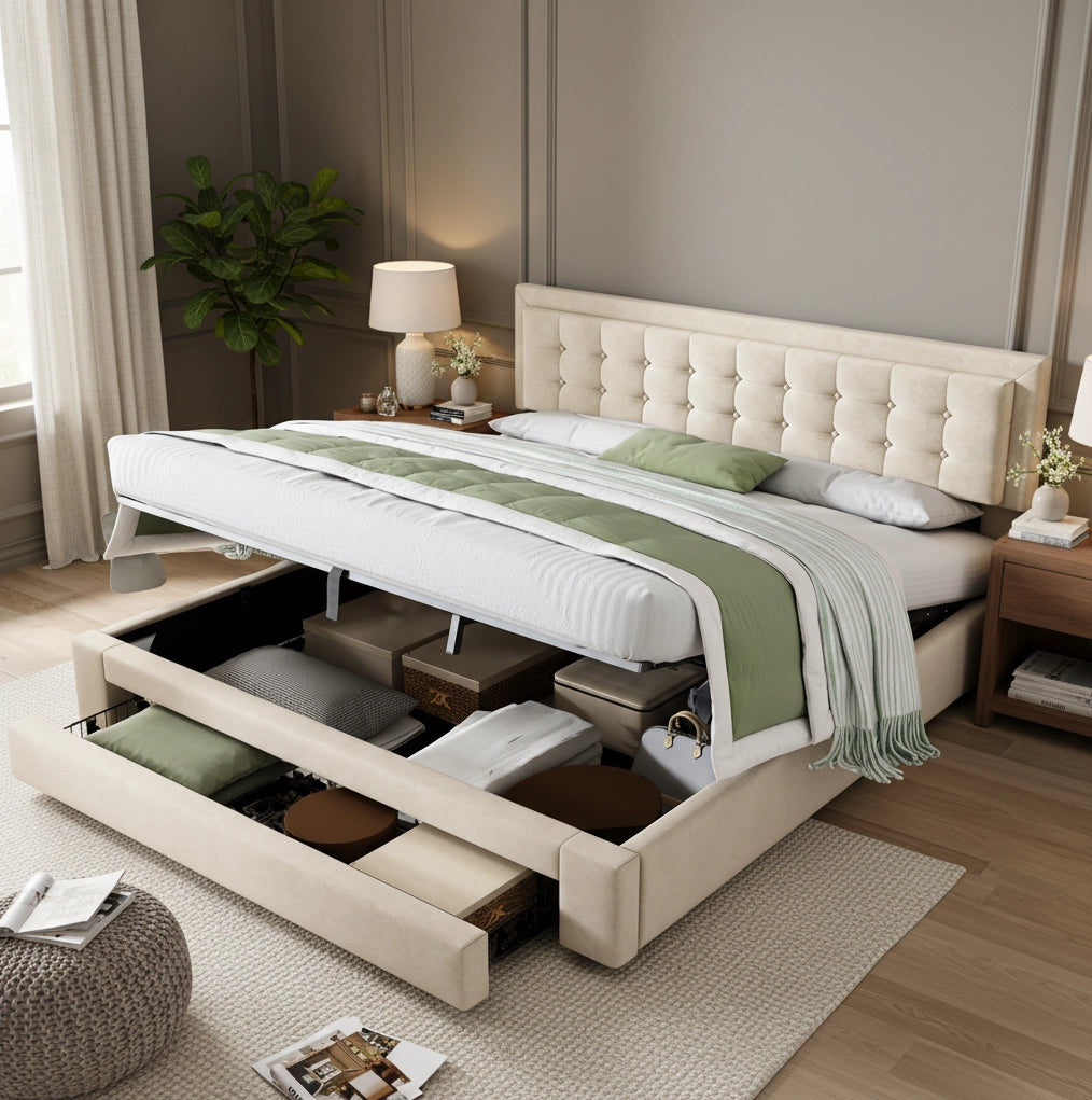 Letto contenitore 180x200 cm con testiera regolabile; in velluto beige