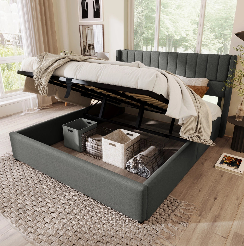 Letto contenitore imbottito grigio 160 x 200 cm con rete sollevabile