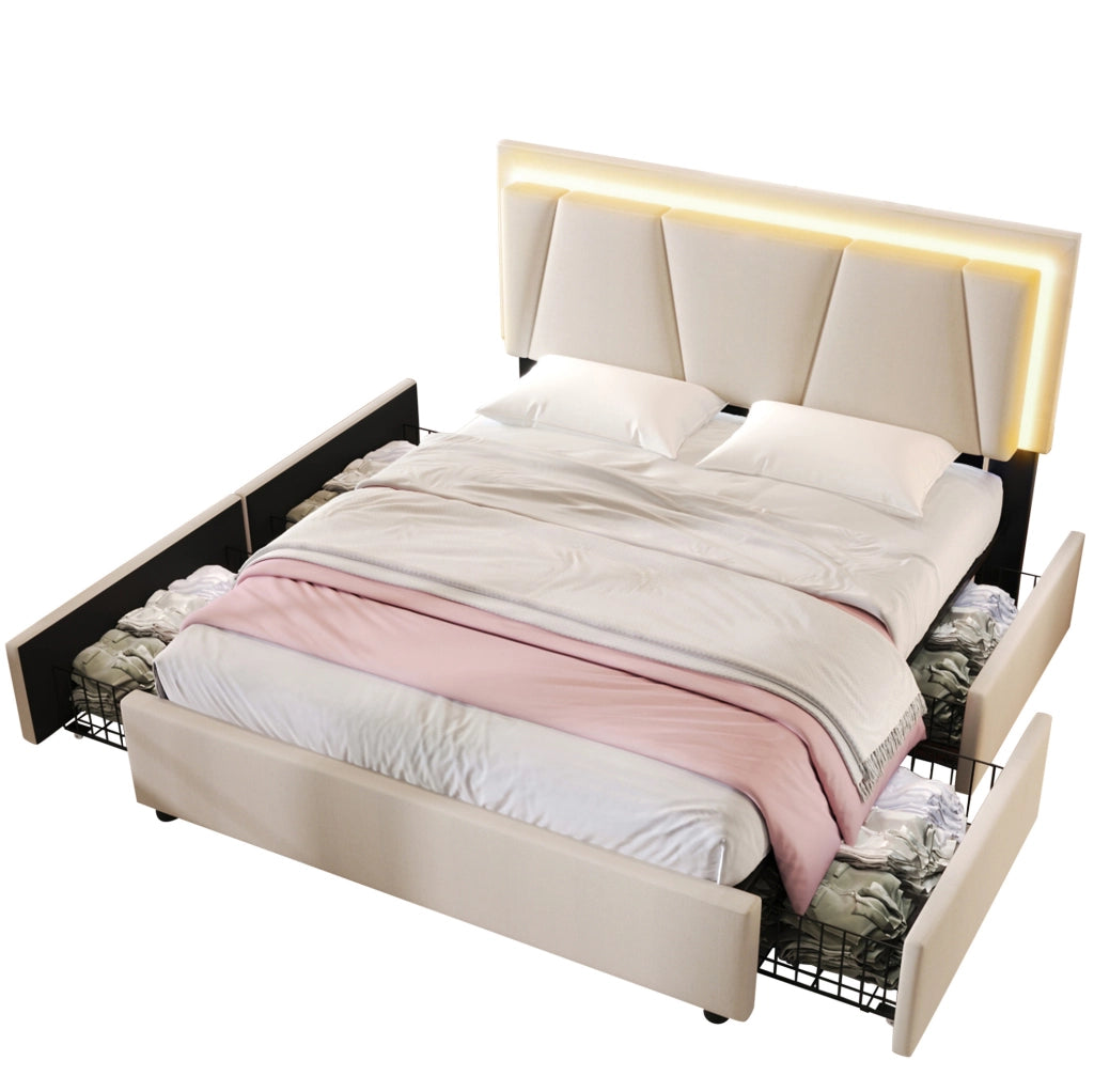Letto matrimoniale 160x200 cm con testiera regolabile; LED e 4 cassetti; beige