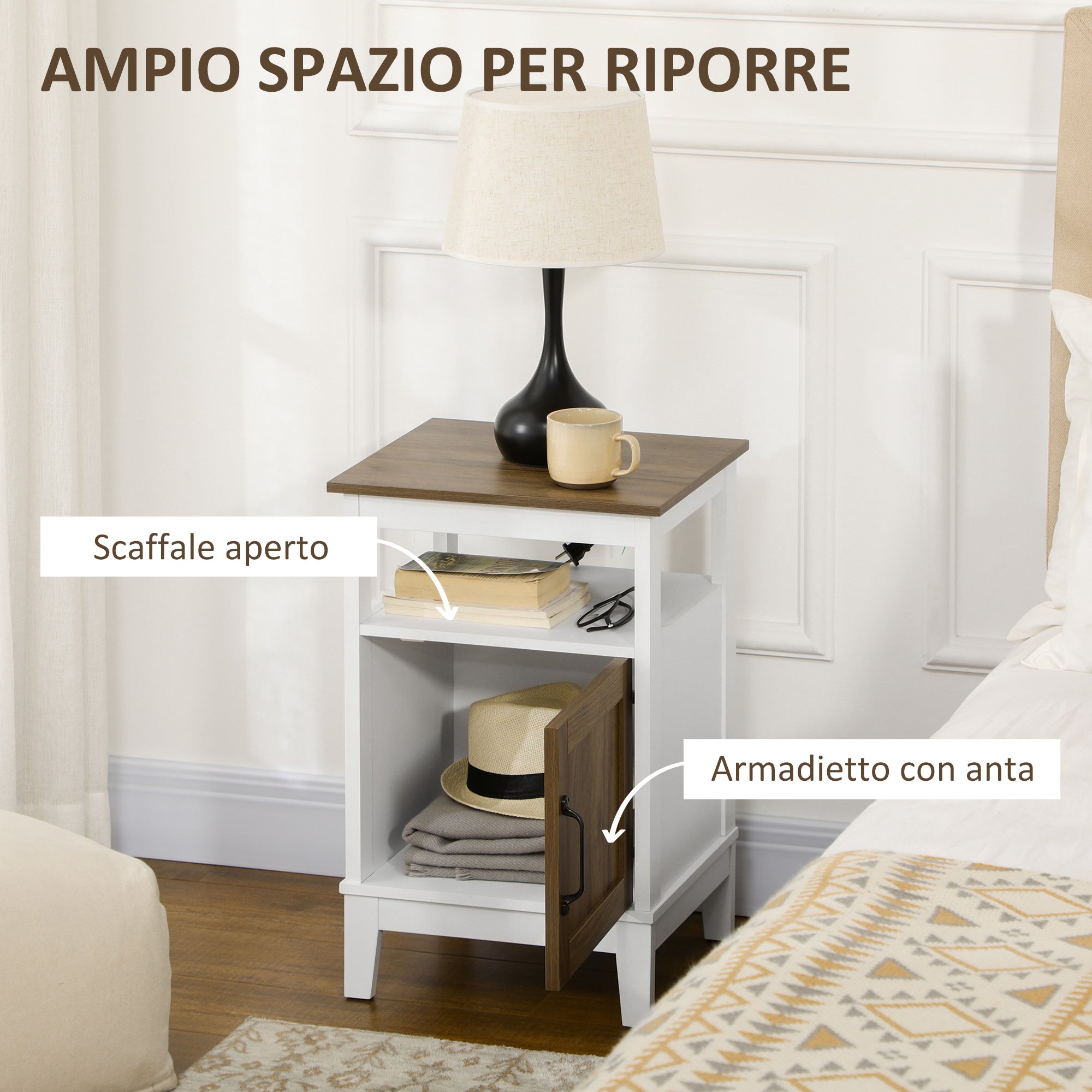 Comodino 1 Anta 1 Ripiano 38,5x35x59,7 cm in Legno Truciolare Bianco