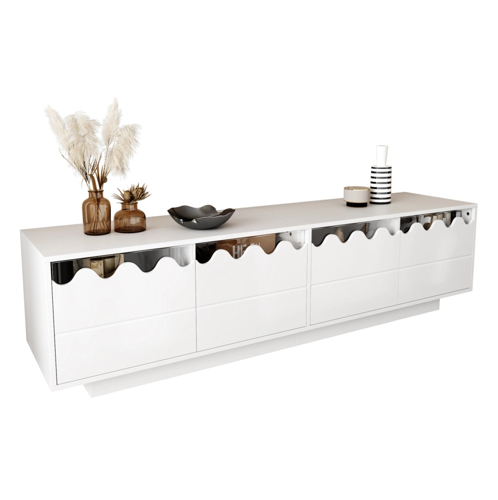 Mobile TV 170x40x45 cm con 4 ante e design ondulato in MDF e pannello truciolare bianco