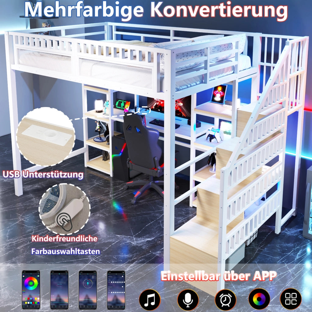 Letto a castello bianco con funzione scrivania e illuminazione LED in metallo 140x200 cm