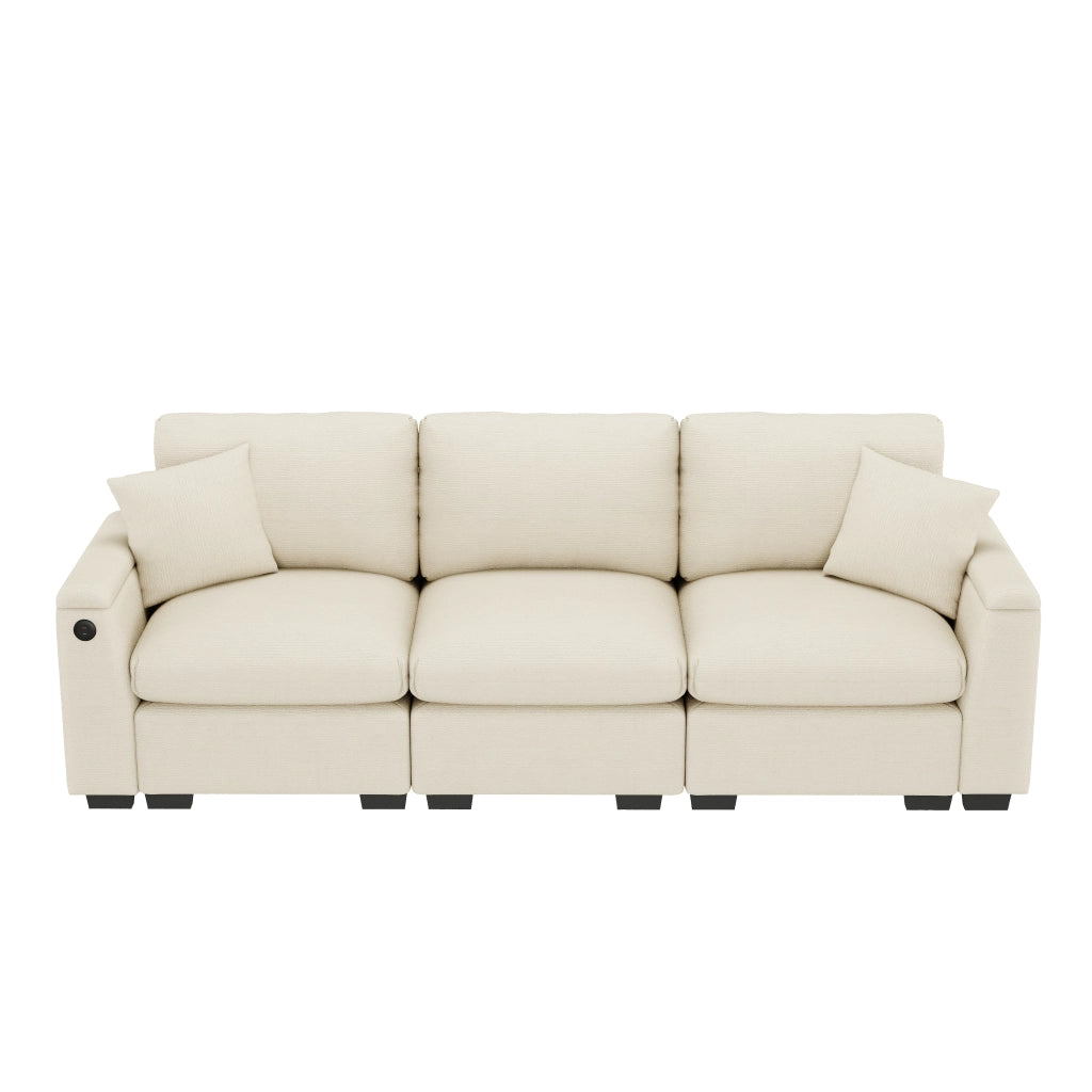 Divano modulare a 3 posti in ciniglia beige con porta USB, porta bicchieri, tasche laterali e spazio contenitore