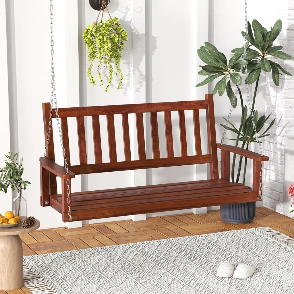 Altalena sospesa in legno per 2/3 persone con catene in metallo zincato regolabili e resistenti, con schienale a doghe e sedile per patio, giardino, 136 x 67 x 63 cm, marrone)