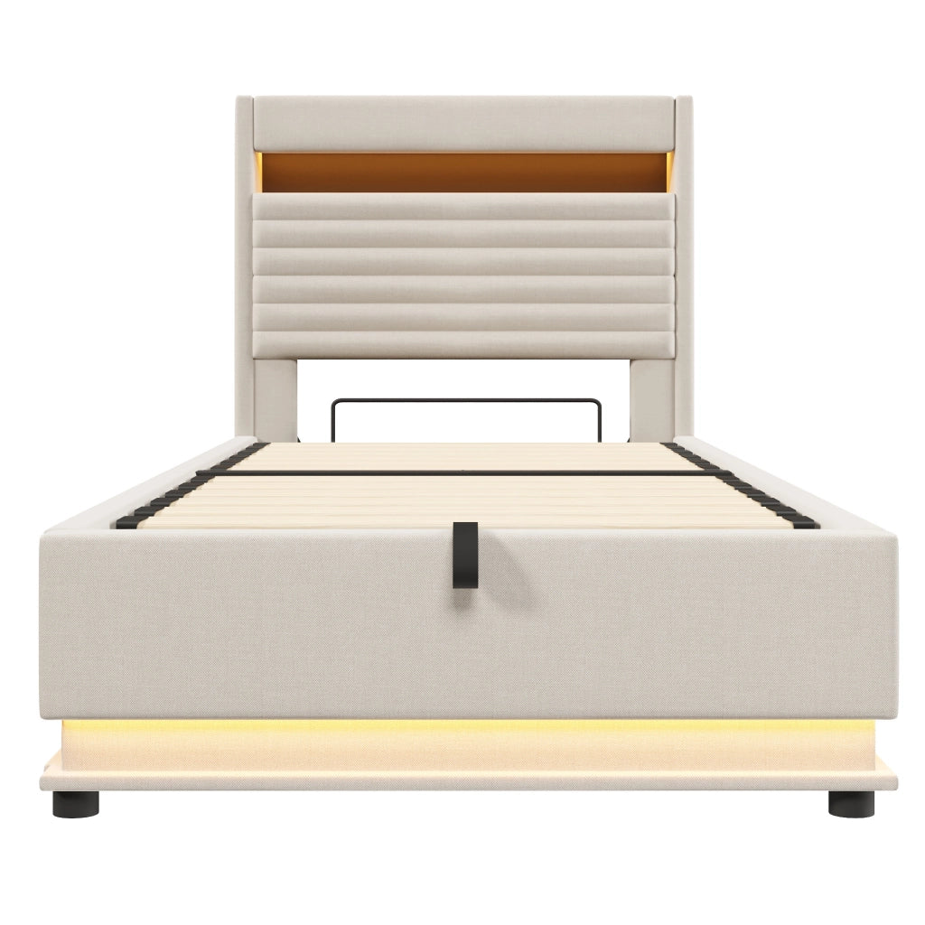 Letto imbottito 90x200 cm con contenitore; LED e ricarica USB Type-C in lino beige