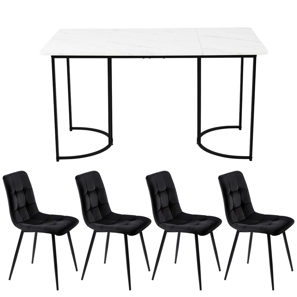 Tavolo da pranzo per 4 persone con 4 sedie, piano effetto marmo e base in metallo, per cucina, bianco 140 × 80 cm
