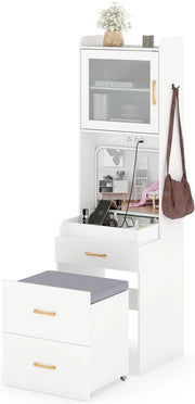 Tavolo da toeletta 3 in 1 con specchio pieghevole, tavolo da trucco con sgabello imbottito con ruote, 2 cassetti, armadio, scomparti, gancio laterale, stazione di ricarica, tavolino compatto