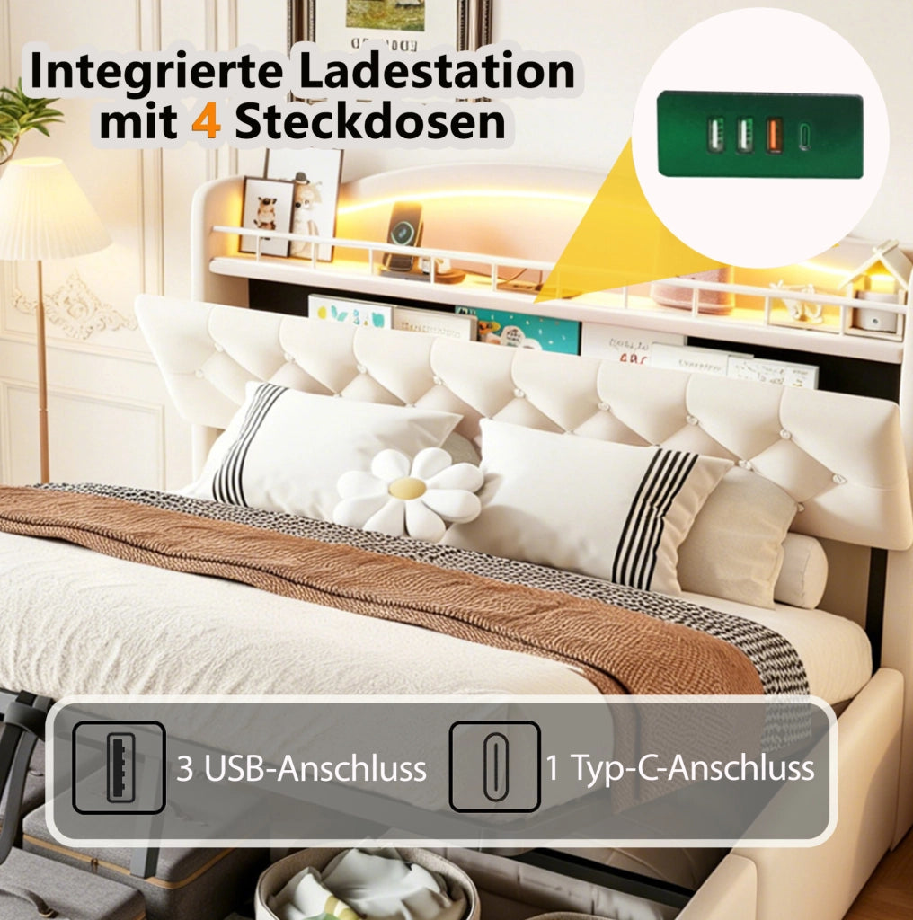 Letto matrimoniale 180x200 cm con contenitore idraulico; LED; USB e USB-C; beige