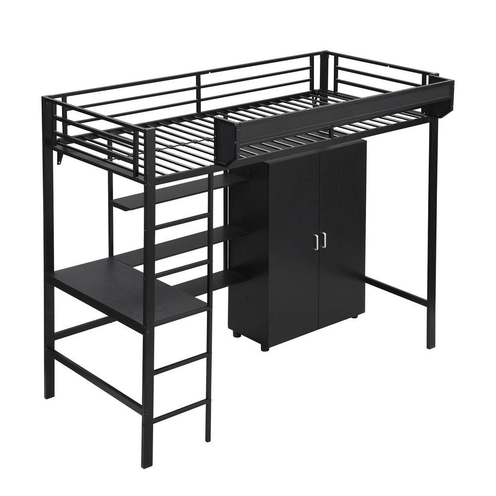 Letto a Castello con Scrivania e Armadio ¨C MINIMAL ¨C Metallo e Truciolato, Nero, 90x200
