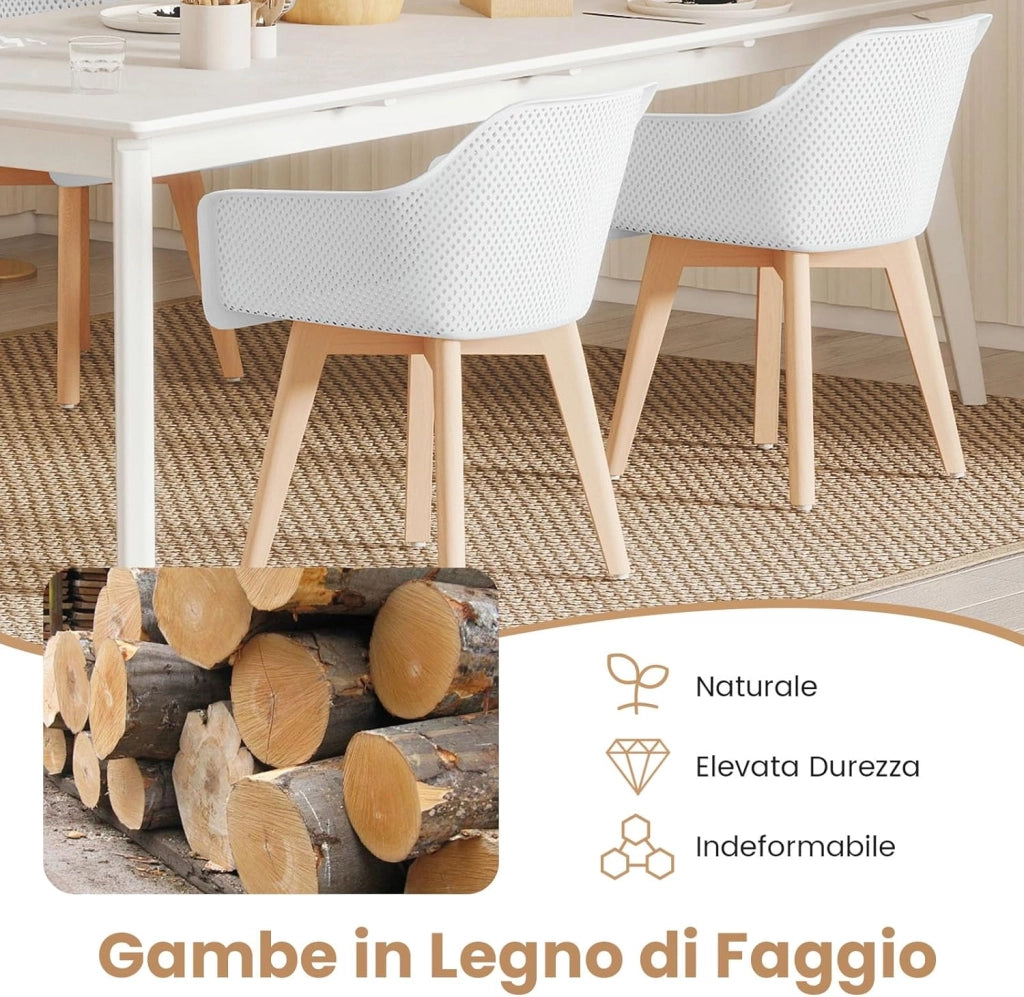 Set di 2 Sedie da Pranzo Moderne, Sedie in Plastica con Gambe in Legno, Schienale Traforato Traspirante e Seduta Ampia, Portata 150 kg, Ideale per Sala da Pranzo, Caffè e Soggiorno