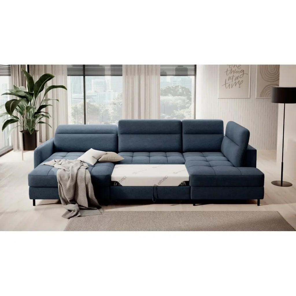 Divano ad angolo convertibile BERTHO 306 cm blu notte – Angolo sinistro con contenitore