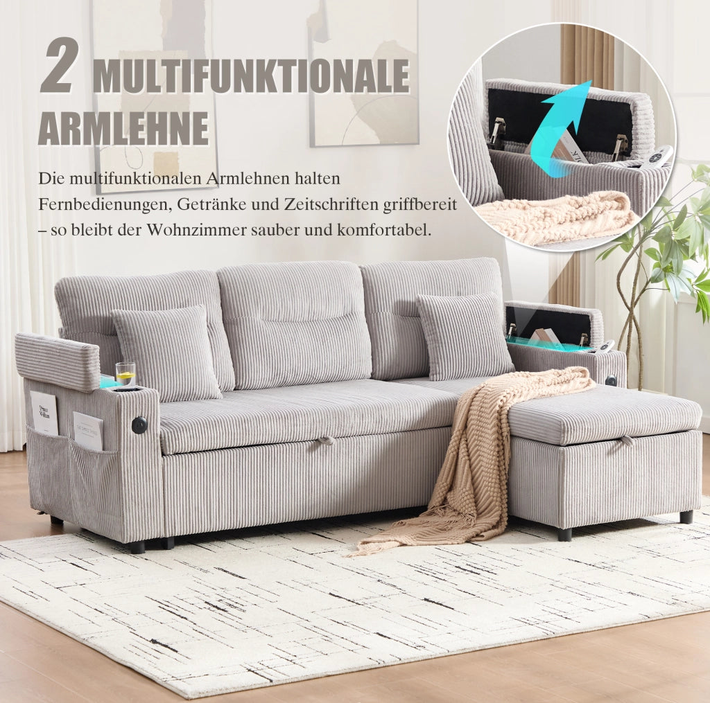 Divano 3 posti con chaise longue idraulica e letto estraibile 212;5x136x86 cm in cord grigio chiaro