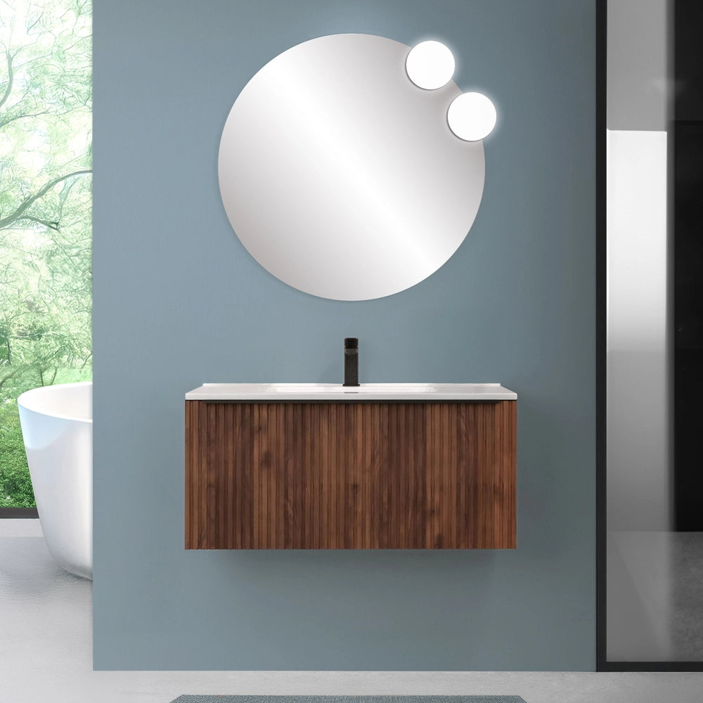 Mobile bagno sospeso 90 cm noce maya cannettato con cassetto e lavabo Nara