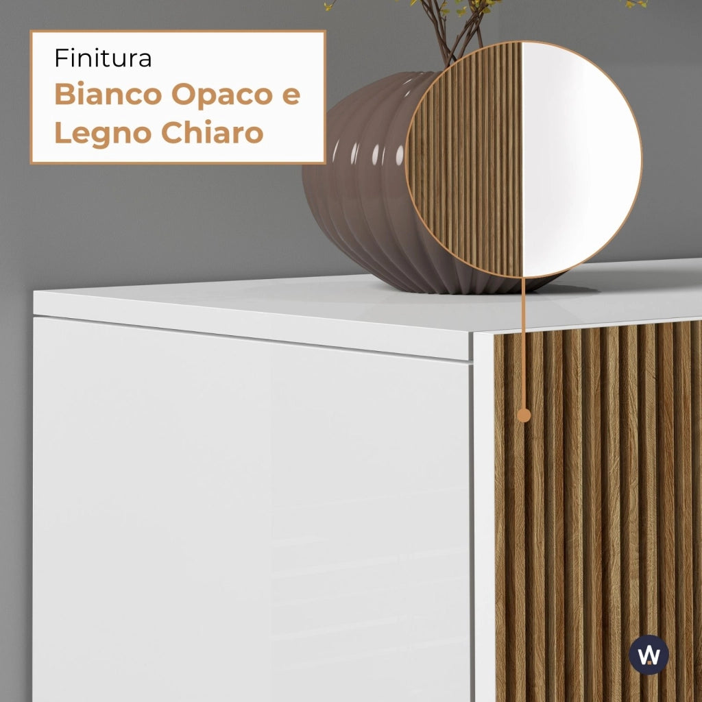 WHOUS Mobile porta tv Coste a 2 ante 1 cassetto e 1 vano aperto bianco/legno chiaro 150x43x46 cm