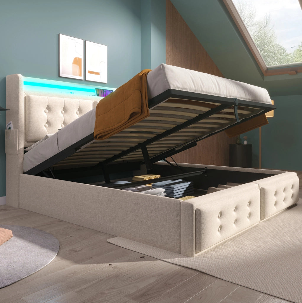 Letto imbottito 140x200 con testiera LED, prese USB e contenitore, Beige