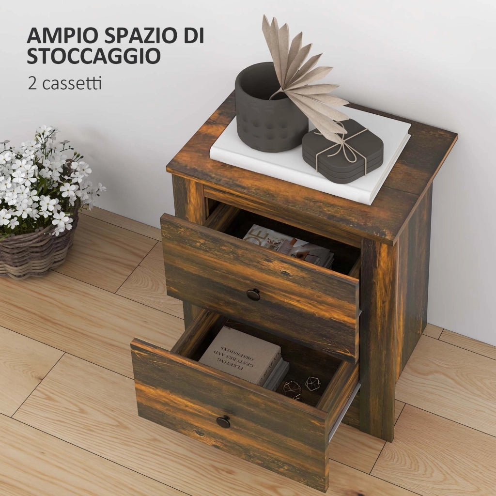Comodino con 2 Cassetti in stile Rustico, Comodino per Camera da Letto in Legno, 40x30x56 cm, Marrone