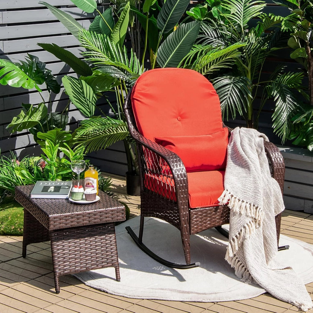 Sedia a Dondolo in Rattan per Cortile, Poltrona da Esterno con Cuscini Morbidi, Struttura in Acciaio Resistente, Sedile Ergonomico per Piscina Balcone Giardino, Carico Massimo 110 kg