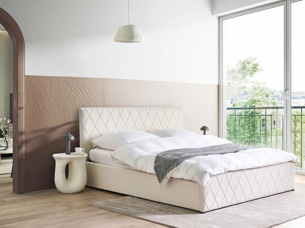 Letto contenitore Rivestimento in velluto beige 180 x 200 cm con testiera trapuntata a diamante con base a doghe