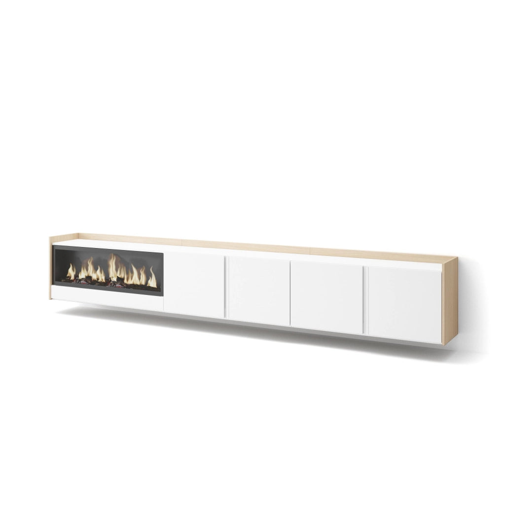 Mobile TV Soggiorno, 315x50x35 cm, Per TV fino a 80", Camino elettrico XXL, Sospeso, da appendere, Bianco e Rovere soft